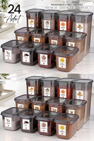 KitchenLife 24'lü Etiketli Moly Dikdörtgen Erzak Saklama Kabı Seti X8 1300ml-2000ml-3200ml Geniş - Sert Kapaklı Çok Renkli