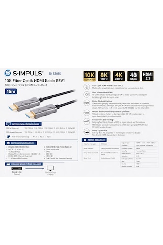 S-ımpuls 10k Fiber Optik Hdmı Kablo , Hdmı 2.1, 48gbps, 8k 120hz, 4k 240hz, Earc, Vrr, Aoc Aktif Optik Hdmı Kablo Source Display 50 M