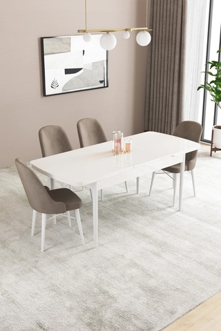 Familieconcept Almira Serisi, Beyaz 80x132 Açılabilir Mdf Mutfak Masası Takımı 4 Adet Sandalye Cappuccino