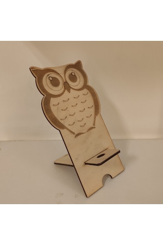 1 Fark - Ahşap Masaüstü Figürlü Telefon Standı - Tutucu - Baykuş