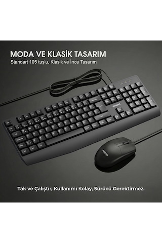 Philips SPT6237 Kablolu Türkçe Q Klavye ve Mouse Seti Siyah