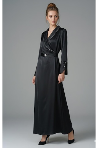 Wear&co Still Wear Co Stıll Kadın Siyah Saten Uzun Elbise Kruvaze Yaka, Kemerli, Şık Taşlı Abiye Elbise Siyah