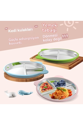 Jianfan Çıkarılabiler Vakumlu Mama Tabağı 304 Çelik Bölmeli Silikon Çocuk Tabağı Hafif Toz Pembe