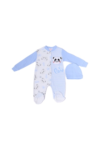 Hçm Erkek Bebek Tulum Şapkalı Panda Baskılı Çıtçıtlı D6 mavi