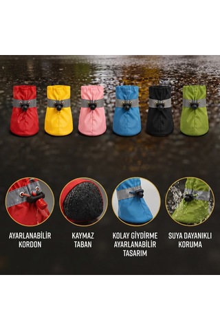 Patibon Su Geçirmez Köpek Botu 4 Lü Set - Yansıtıcı Şeritli & Kaymaz Taban S 2 Beden Kırmızı