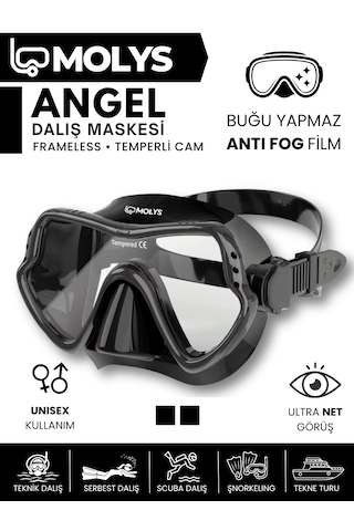 Molys Angel Dalış Maskesi + Antı Fog Buğu Önleyici Film + Pro Full Dry Tam Kuru Şnorkel + Maske Koruma Kutusu Set Halinde Siyah - Siyah