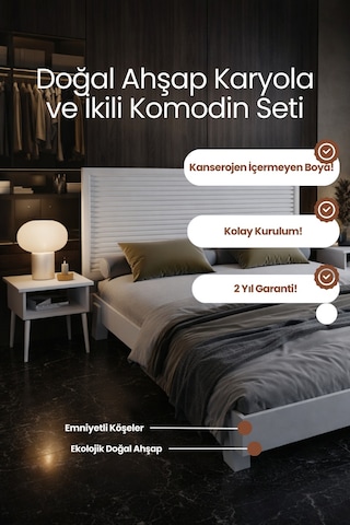 Alaz Yatay Başlıklı Masif Doğal Ahşap Karyola Ve 2 Adet Komodin Seti