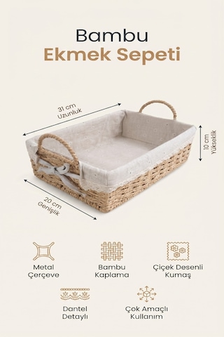 Bambu Ekmek Sepeti, 31x20x10 Cm, Dantelli Çiçek Desenli Kumaş, Metal Çerçeve Kahverengi
