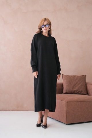 Kadın Bisiklet Yaka Yumuşak Dokulu Maksi Boy Şardonlu Oversize Triko Elbise 8324sw Siyah