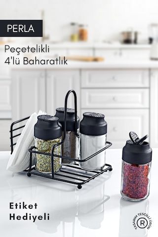 Perla Metal Standlı Peçetelikli 4'lü Çift Kapaklı Cam Baharatlık