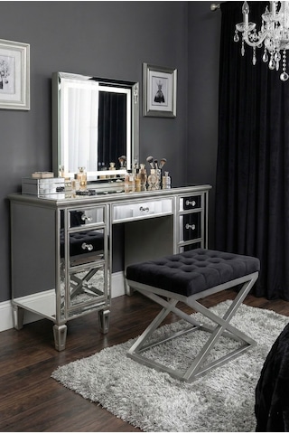 Nexus Babyface Kapitoneli Puf - Krom Metal X Ayaklı Modern Bench 50x40 Cm Siyah