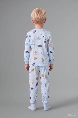 Defacto Baskılı Uzun Kollu Üst Elastik Bel Alt 2li Pijama Takımı Erkek Bebek H6540a526aube343 Mavi-be343