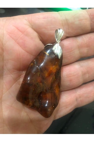 Doğal Kaya Damla Kehribar Kolye Ucu Otantik Gümüş Aparatlı 11,8 Gram