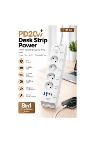 Fulltech Ftr-33 Akım Korumalı 4 Lü Çoklu Priz 3680w 16a, 1050j, 2 Usb-c Pd 20w + 2 Usb-a, Ayrı Ana 2 M
