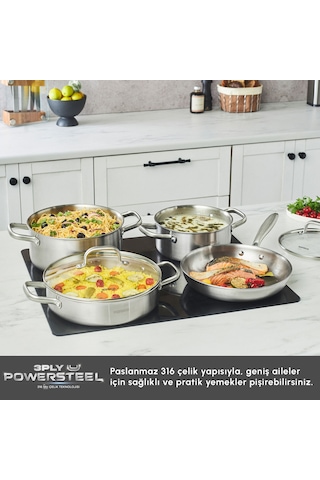 Karaca Power Steel 316+ 3ply Akita İndüksiyon Tabanlı 7 Parça Çelik Tencere Seti Gümüş