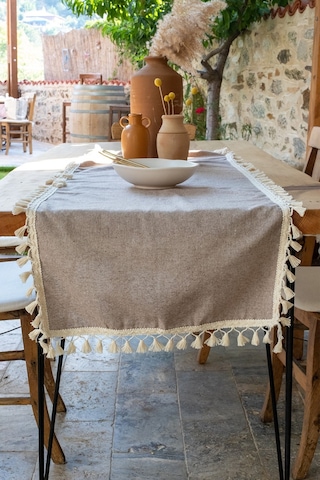 Vivamaison Pamuk Püsküllü Runner Masa Örtüsü 45 x 150 Kahverengi