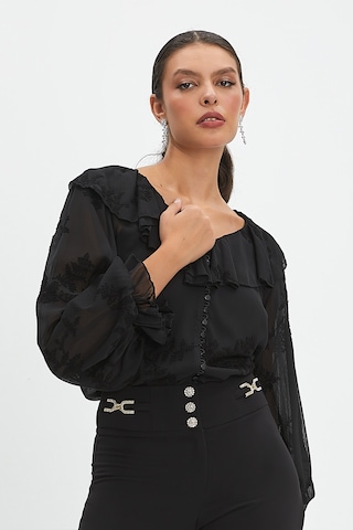 Kadın Fırfırlı Çiçek Desenli Gömlek - Volanlı Kol Ve V Yaka Detaylı Siyah