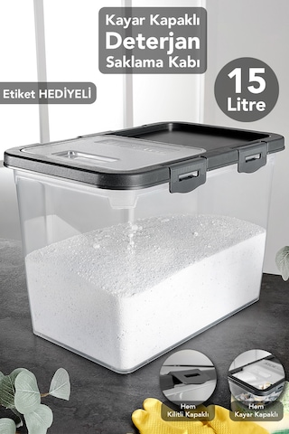 Etiketli Deterjan Saklama Kutusu - 15 Lt Sürgülü Kilitli Kapak Tablet Toz Deterjan Kabı Gri Gri