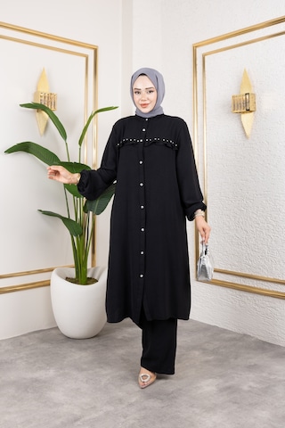 Ayrobin Kumaş İnci Detaylı Takım / T105 - Siyah Siyah