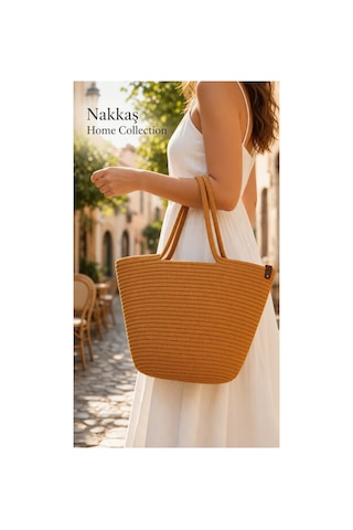 Nakkaş Home Collection Jüt Çanta Kadın Hasır Çanta, Plaj Çantası, Omuz Ve Günlük Kullanım Çantası-sarı-45x30 Cm
