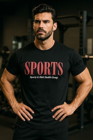 Rich Erkek Siyah Basic T-shirt Baskılı Slim Fit %100 Pamuk Tişört SIYAH