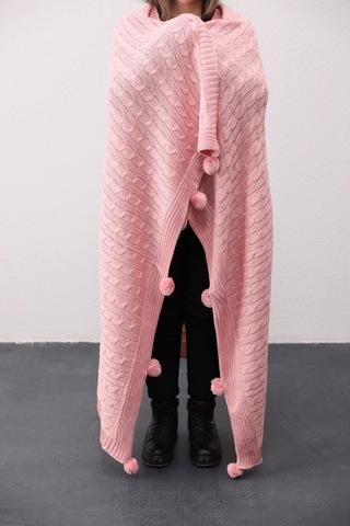 Biocotton Triko Ponponlu Örgü Tv Battaniyesi - Pudra