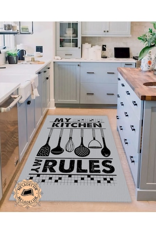 Mutfak Halısı Modern My Kitchen Yazılı Halı Dijital Baskı Makine Gri