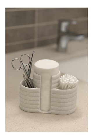 Makyaj Organizeri - 3 Bölmeli - 12cm - Mermer Beyaz Mermer Beyazı