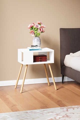 İntergo Ahşap Ayaklı Dekoratif Raflı Komodin Beyaz