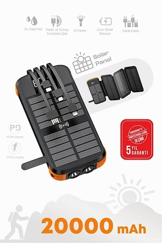 Kensa Güneş Enerjili Powerbank 20.000 Mah Hızlı Şarj Led Göstergeli Dahili Kablo Solar Şarj Cihazı Siyah - Turuncu