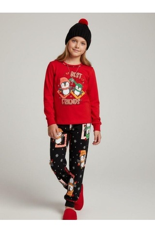 Kız Çocuk Pamuklu Best Friends Penguen Baskılı Pijama Takımı-16822 Kırmızı