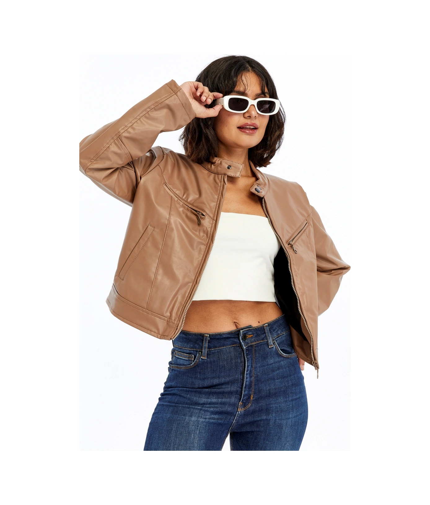 Kadın Deri Ceket Niş Kompakt Tasarım Mont Günlük Kullanım Fermuar Hakim Yaka Şık Ceket Pudra