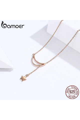 Bamoer 100% 925 Ayar Gümüş Kolye Yeni Ay ve Yıldız Kolye Kadınlar Için Gümüş Takı