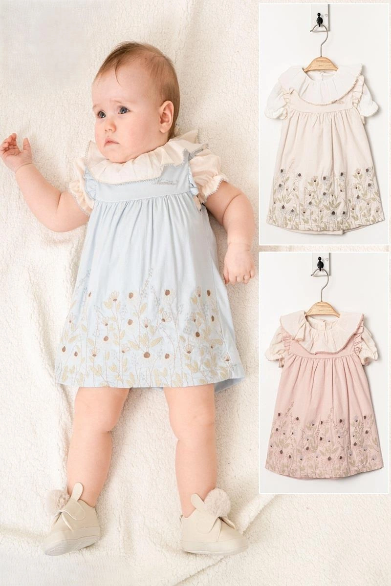 Kız Bebek Bej Çiçek İşlemeli Elbise Fırfıtlı Yaka Gömlekli Takım-1353 Bej