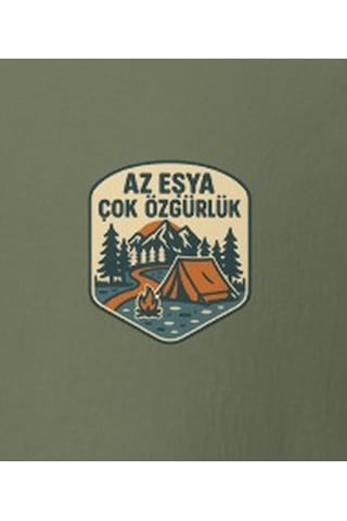Wildstyle Az Eşya Çok Özgürlük Renkli Kamp Doğa Minimalist Baskılı Unisex Bisiklet Yaka Pamuklu Tişört Haki