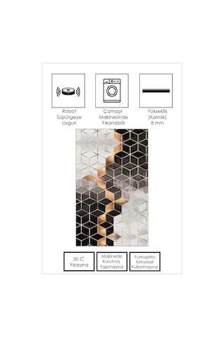 West Home Dijital Baskı Yıkanabilir Kaymaz Taban Salon Halısı Mutfak Halısı Yolluk Wh 525 Black