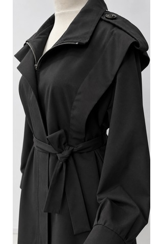 Nevayla Moda Kuşaklı Fermuarlı Mevsimlik Trençkot - Siyah / M0116