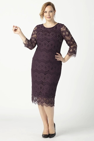 Moda Berray 1293 Dantel Elbise Mürdüm Büyük Beden Kısa Abiye Mürdüm