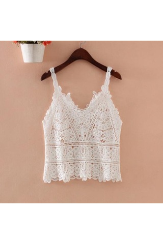 Beyaz Kadın Yaz Yelek Üstleri V Yaka Kolsuz Tığ Örgü Üstleri Düz Renk Hollow Dantel Sling Beyaz