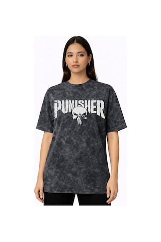The Punisher Dizi Baskılı Unisex Oversize Vintage Yıkamalı Tişört Siyah