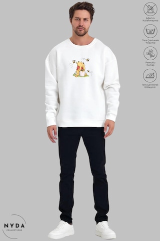 Unisex Uzun Kollu Winnie The Pooh Baskılı Bisiklet Yaka Kapüşonsuz Şardonlu Oversize Sweatshirt Beyaz