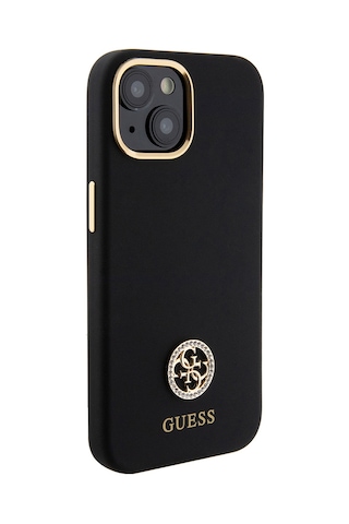 Apple Uyumlu iPhone 15 Kılıf Guess Lisanslı Yazı Ve Taşlı 4g Logolu Metal Kamera Çerçeveli Silikon Kapak Siyah