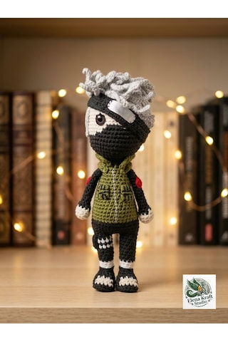 Kakashi Hatake Amigurumi Örgü Oyuncak - Anime Hediyelik Figür 21 Cm Yeşil