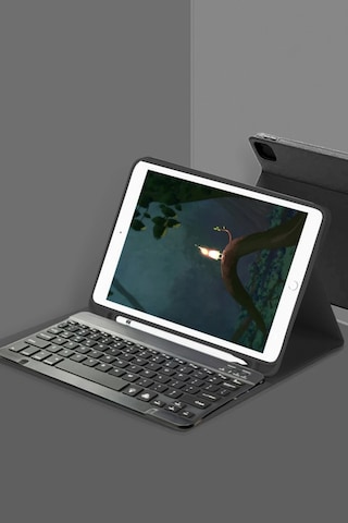 Mey İthalat Samsung Uyumlu Galaxy T220 Tab A7 Lite Kılıf Kc01 Smart Klavyeli Tablet Kılıfı - Siyah Arka Kapak