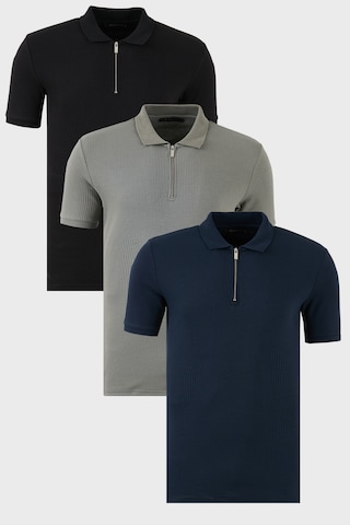 Buratti Pamuklu Regular Fit Yarım Fermuarlı 3'Lü Paket Erkek Polo Yaka T Shirt 5902738S3 Siyah-Açık Haki-Indigo
