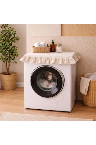 Fırfırlı Çamaşır Makinesi Örtüsü - Çeyizlik Dekoratif Banyo Makine Kılıfı- Krem