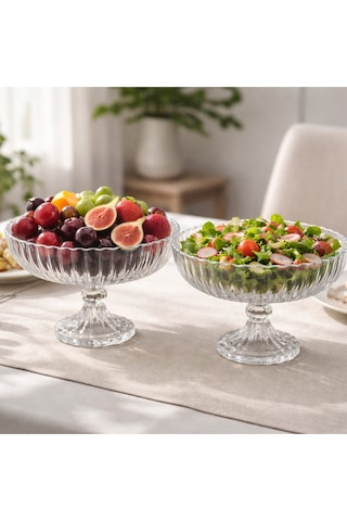 Selen Concept Linea Damla Model Ayaklı El Yapımı Cam Salata Ve Meyve Kasesi 2'li Set Şeffaf