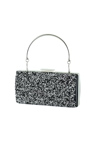 Erkan Saçmacı Siyah Saten Kristal Granül Taşlı Metal Saplı Abiye El Çantası Siyah