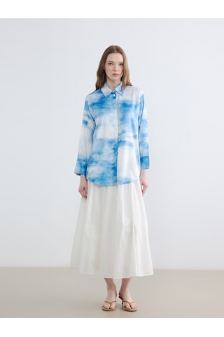 Lcw Modest Mavi Batik Saten Kadın Gömlek Tunik