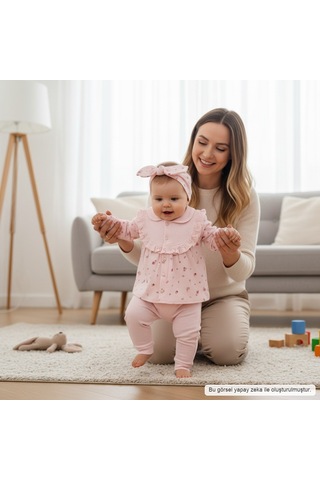 Ürünya Kız Bebek Uzun Kollu Desenli Bandanalı 3'lü Takım Pembe
